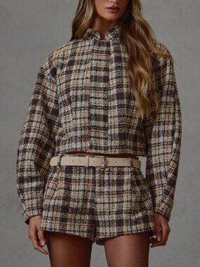 Multicolor Casual Women's Plaid Collar Drop Shoulder Loose Fit Jacket